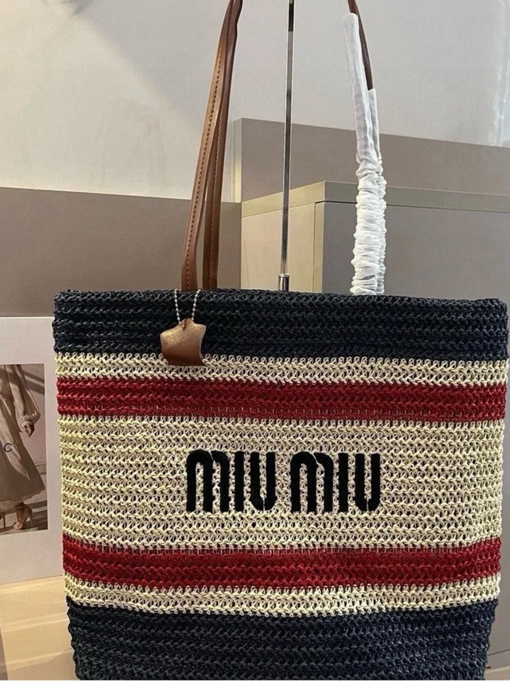 Miu Miu Navy, Cream & Red Woven Tote